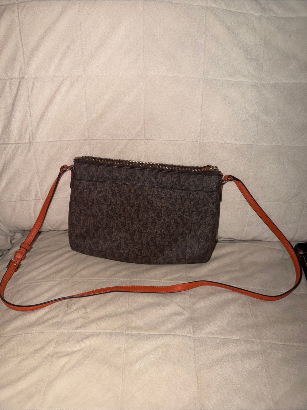 Michael Kors Brown Logo Crossbody with Orange Strap